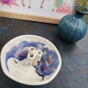 Abstract Ceramic Art Bowl with Blue and Cream Accents